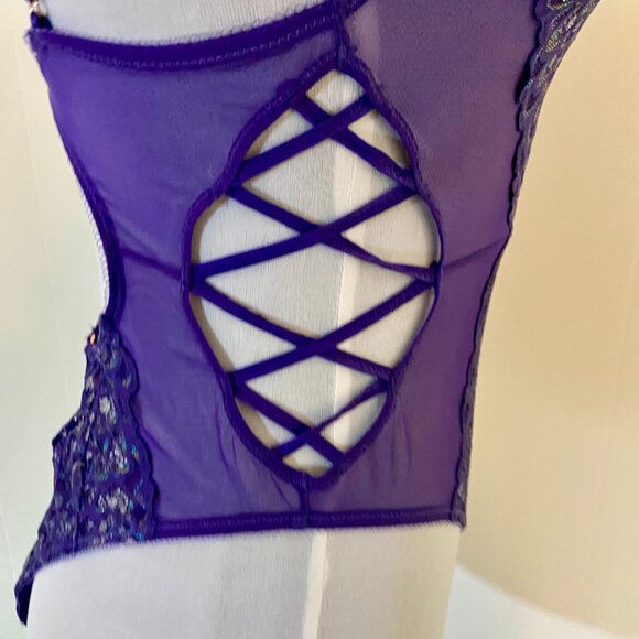 Savage x Fenty Metallic Lace Teddy Bodysuit Grape Purple Small Sheer Criss Cross - Picture 16 of 16